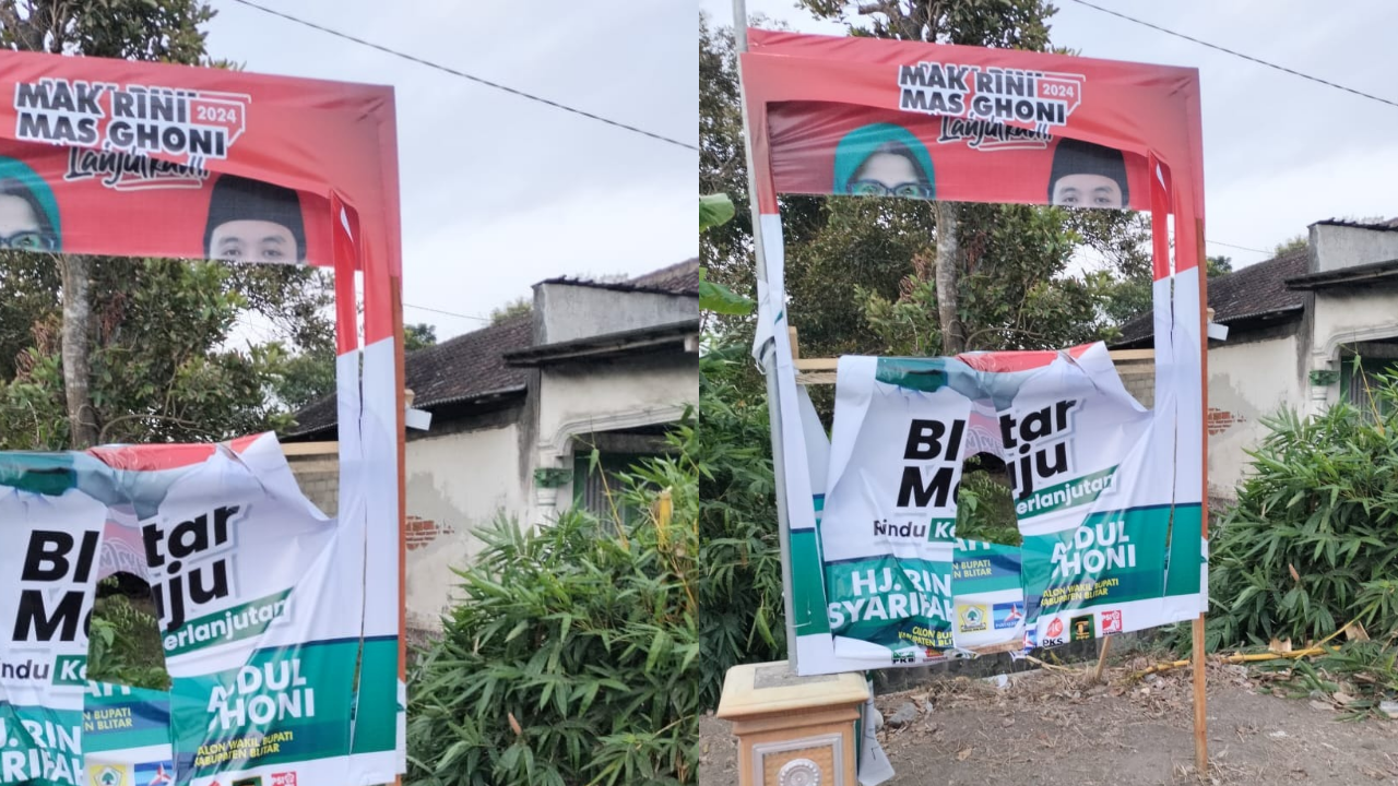 Belasan APK di Blitar Milik Paslon RINDU Dirusak Oknum Tidak Bertanggungjawab